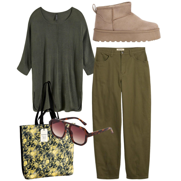 Outfit donna - Total look. Stile Casual per Tutti i giorni. Abbinamento con pantaloni, maglieria, occhiali da sole, stivaletti, borse tote.