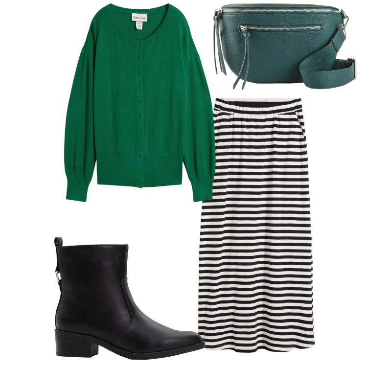Outfit donna - Total look. Stile Bon Ton per Tutti i giorni. Abbinamento con gonne lunghe, stivaletti, marsupi, cardigans.
