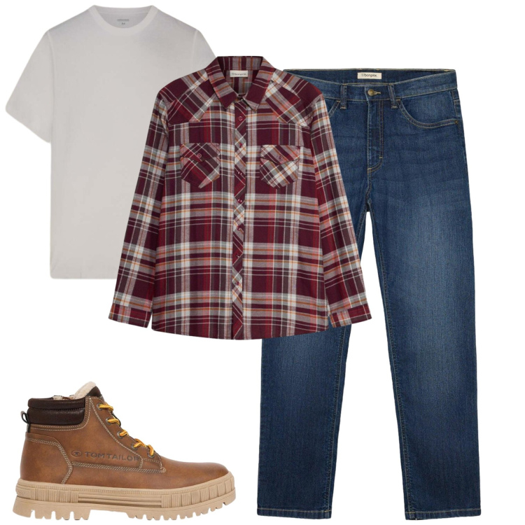 Outfit uomo - Settembre. Stile Casual per Tutti i giorni. Abbinamento con t-shirt, stivali e stivaletti, jeans dritti, camicie.