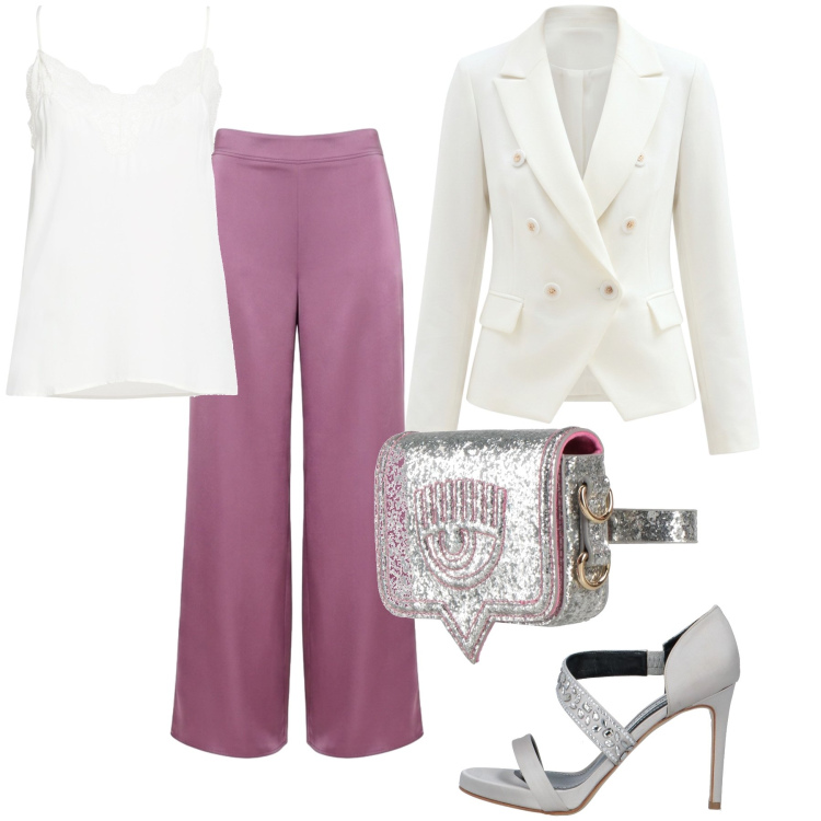 Outfit donna - Evening Satin. Stile Chic per Cerimonia. Abbinamento con marsupi, top, sandali in pelle, blazer, pantaloni a palazzo.