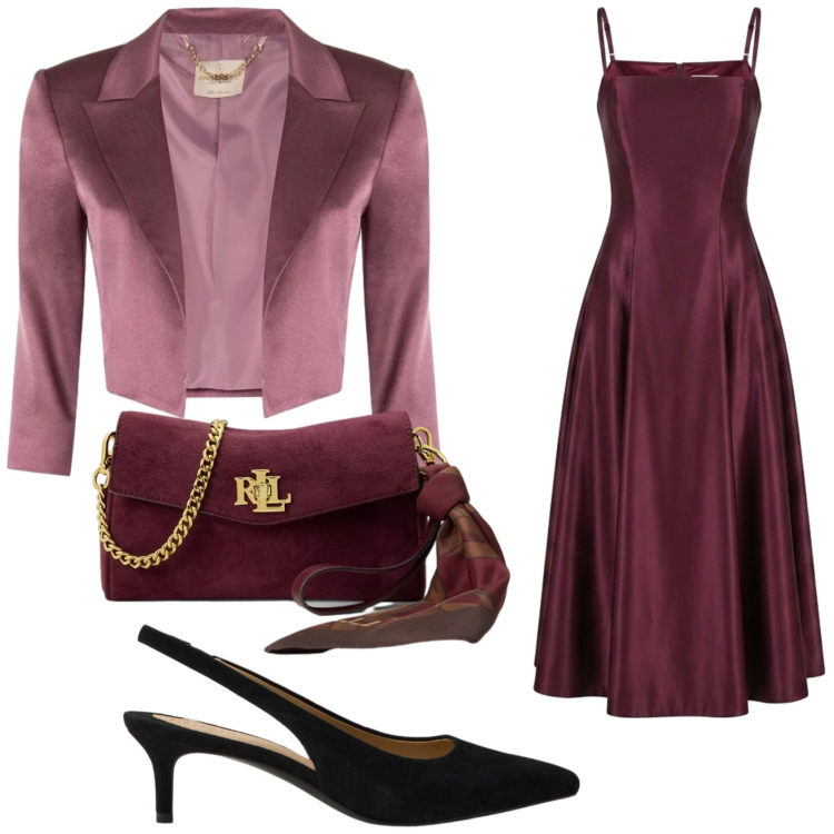 Outfit donna - Matrimonio in bordeaux Rinascimento. Stile Romantica per Cerimonia. Abbinamento con borse a tracolla, décolleté, vestiti midi/longuette, bolero.