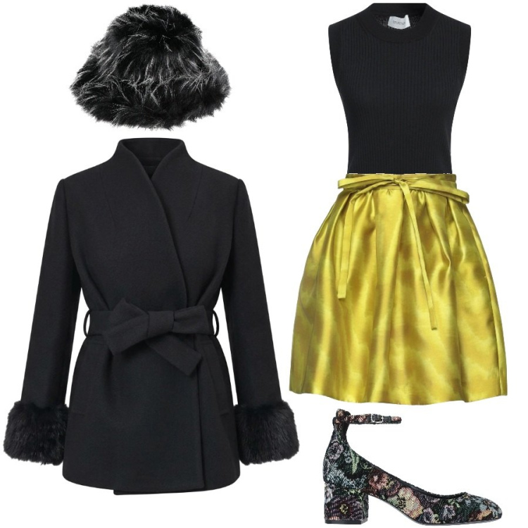 Outfit donna - Invito a cena. Stile Glamour per Serata fuori. Abbinamento con cappotti, cappelli, pullovers, décolleté, minigonne.