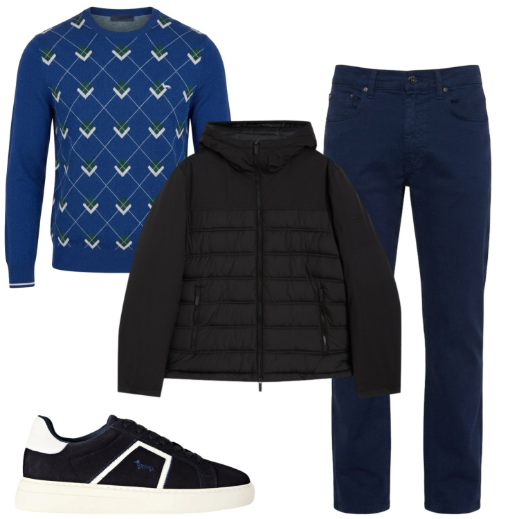 Outfit uomo - City. Stile Casual per Tutti i giorni. Abbinamento con sneakers, pantaloni, maglieria, piumini.
