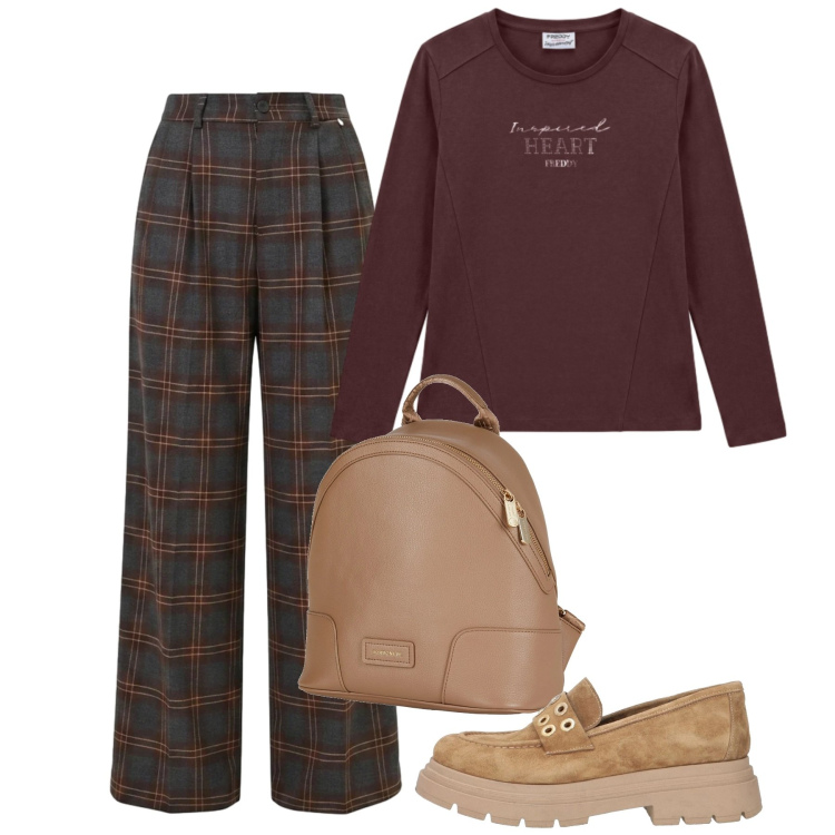 Outfit donna - Settembre. Stile Preppy per Scuola/Università. Abbinamento con zaini, mocassini, pantaloni a palazzo, t-shirt.