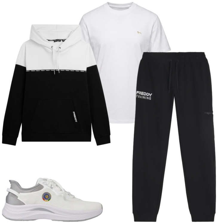 Outfit uomo - Fall. Stile Casual per Sport. Abbinamento con t-shirt, felpe con cappuccio, scarpe sportive, pantaloni sportivi.