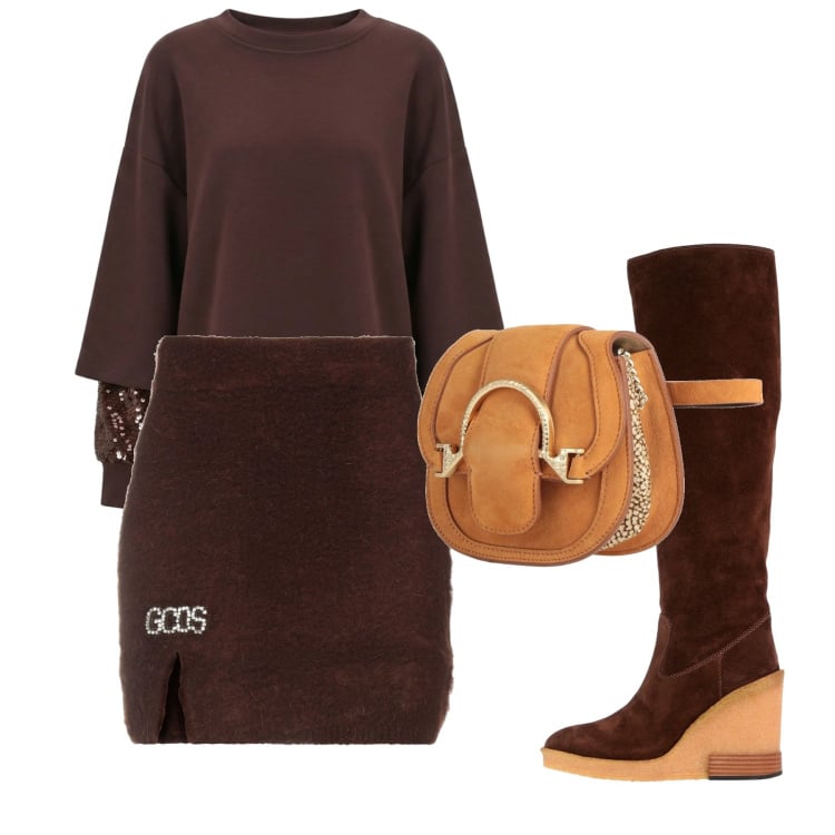 Outfit donna - Autunno. Stile Bon Ton per Tutti i giorni. Abbinamento con marsupi, stivali, minigonne, felpe.