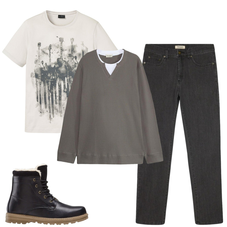 Outfit uomo - Total look #2483275. Stile Casual per Tutti i giorni. Abbinamento con jeans dritti, stivali e stivaletti, t-shirt, maglieria.