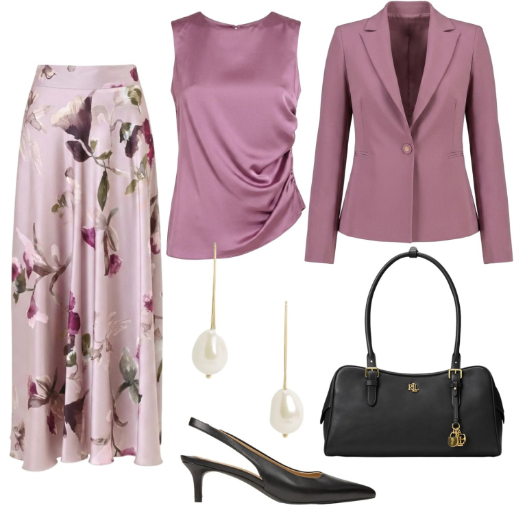 Outfit donna - Invito d'autunno. Stile Romantica per Cerimonia. Abbinamento con décolleté, borse a mano, orecchini, blazer, canottiere, gonne lunghe.