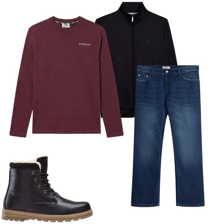 Outfit uomo - Total look #2483286. Stile Casual per Tutti i giorni. Abbinamento con bomber, t-shirt, stivali e stivaletti, jeans bootcut.