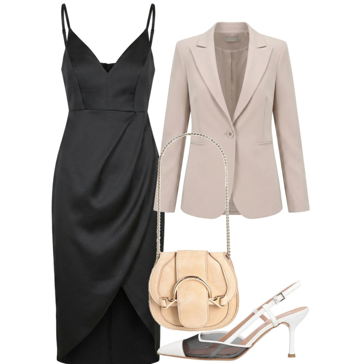 Outfit donna - Festa di settembre. Stile Chic per Serata fuori. Abbinamento con marsupi, décolleté, vestiti asimmetrici, blazer.