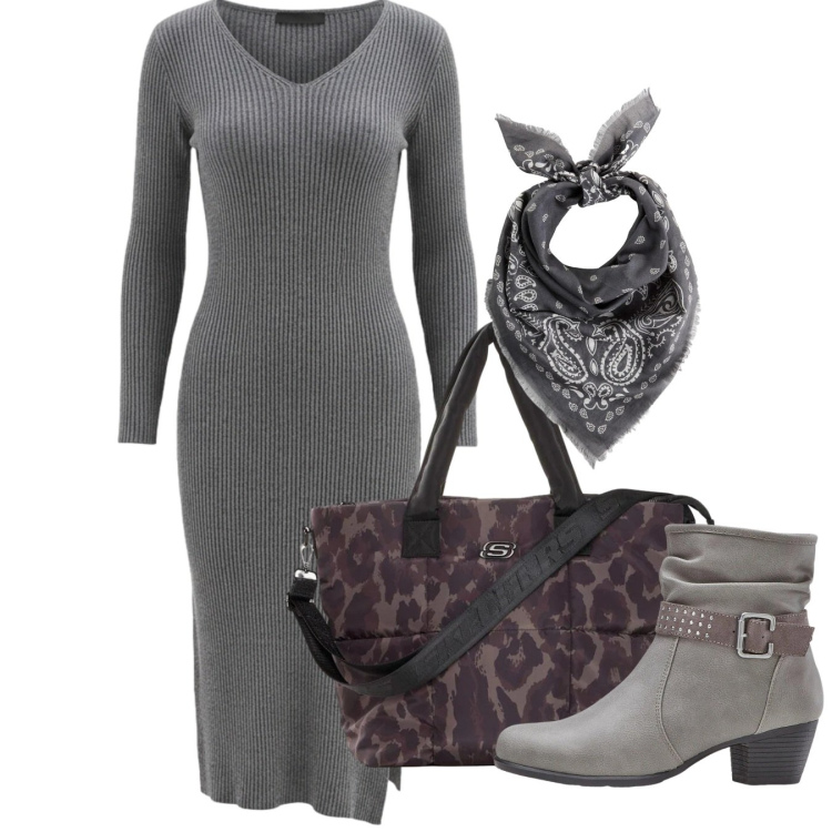Outfit donna - Verso il freddo. Stile Minimal per Tutti i giorni. Abbinamento con foulard, stivaletti, shopping bag, vestiti midi/longuette.