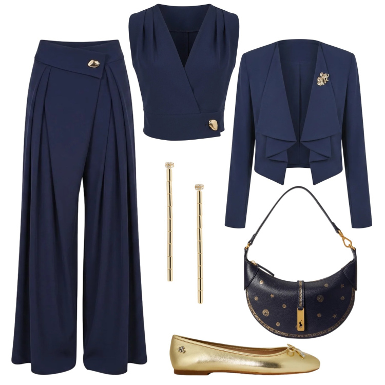 Outfit donna - Battesimo blu in autunno. Stile Chic per Cerimonia. Abbinamento con ballerine, orecchini, borse a spalla, pantaloni a palazzo, top, blazer.