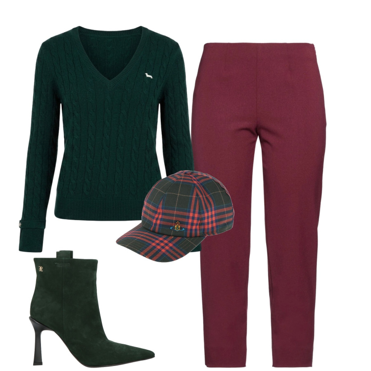 Outfit donna - City. Stile Casual chic per Tutti i giorni. Abbinamento con stivaletti, pantaloni, cappelli con visiera, maglieria.