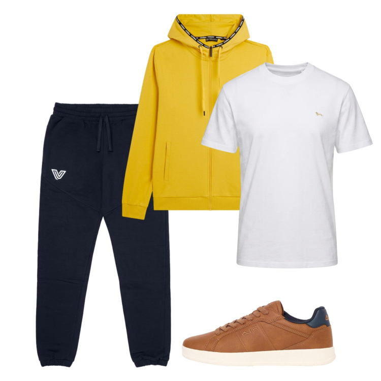 Outfit uomo - Fine settimana. Stile Urban per Tutti i giorni. Abbinamento con t-shirt, felpe con cappuccio, pantaloni, sneakers.