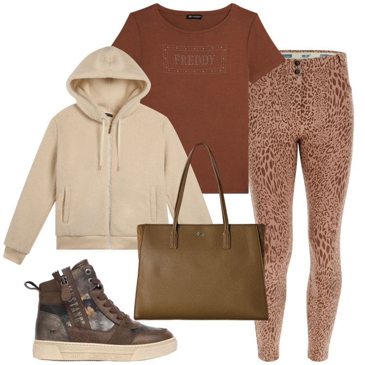 Outfit donna - Total look #2483353. Stile Sporty chic per Sport. look ideale per Tall. Abbinamento con sneakers alte, shopping bag, pantaloni skinny, bomber, t-shirt.