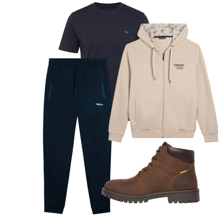 Outfit uomo - Settembre. Stile Casual per Tutti i giorni. Abbinamento con t-shirt, pantaloni, felpe con cappuccio, stivali e stivaletti.