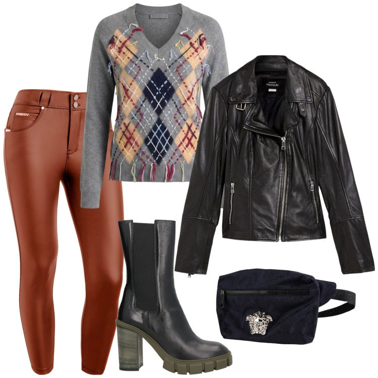 Outfit donna - Total look #2483374. Stile Urban per Serata fuori. Abbinamento con maglieria, pantaloni skinny, marsupi, stivaletti chelsea, giacche.