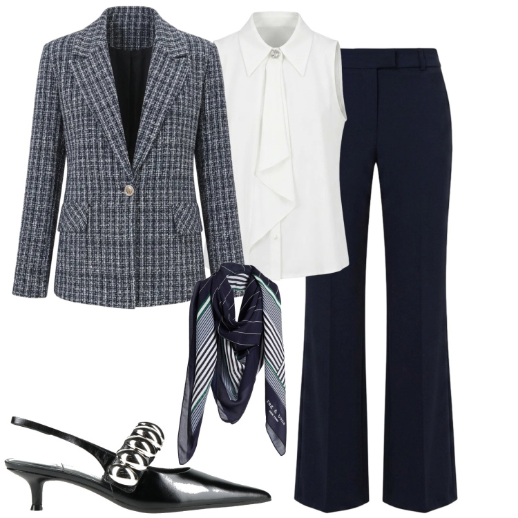 Outfit donna - City. Stile Chic per Tutti i giorni. Abbinamento con sciarpe, décolleté, blazer, top, pantaloni.