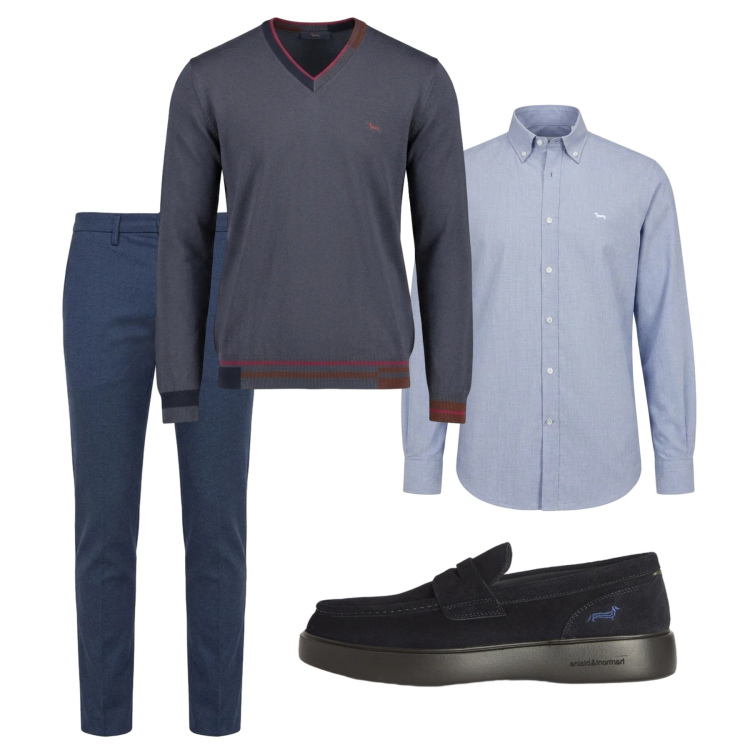 Outfit uomo - Settembre. Stile Casual per Tutti i giorni. Abbinamento con scarpe stringate, maglieria, pantaloni, camicie.