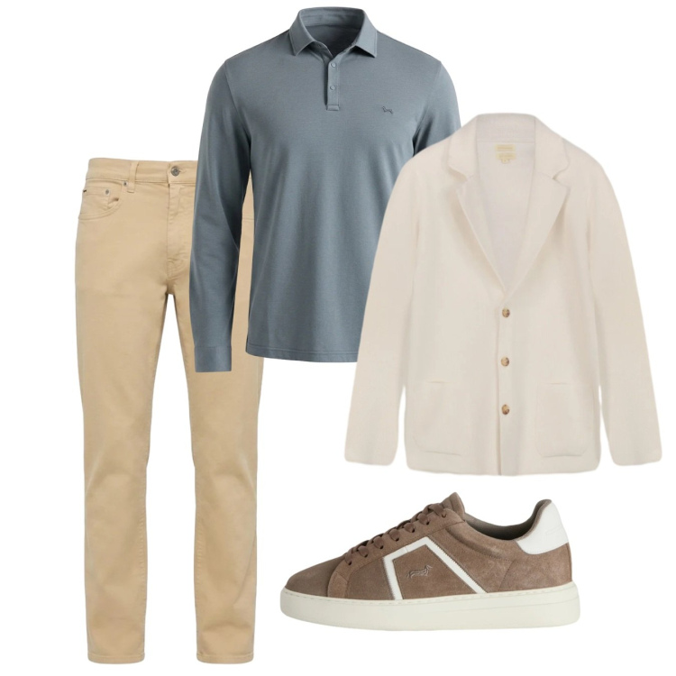Outfit uomo - Settembre. Stile Casual per Tutti i giorni. Abbinamento con sneakers, pantaloni, polo, cardigans.