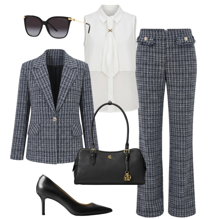 Outfit donna - Invito d’autunno in bouclé. Stile Glamour per Cerimonia. Abbinamento con blazer, pantaloni, camicie a manica corta, occhiali da sole, décolleté, borse a mano.