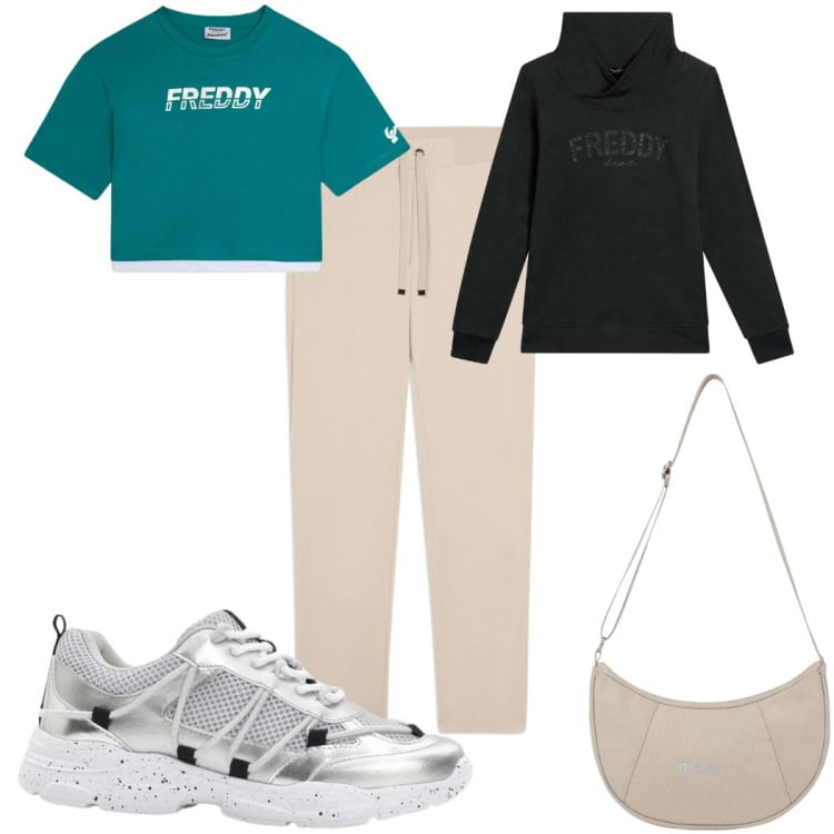 Outfit donna - Total look #2483394. Stile Basic per Sport. Abbinamento con sneakers, borse a spalla, pantaloni, felpe, t-shirt.
