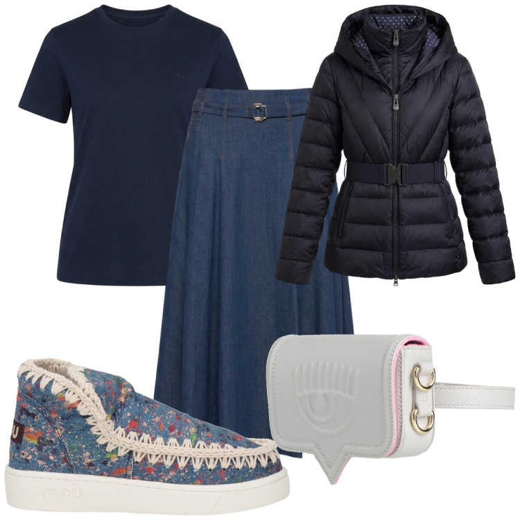 Outfit donna - Total look #2483404. Stile Trendy per Tutti i giorni. Abbinamento con gonne longuette, t-shirt, piumini, stivaletti, marsupi.