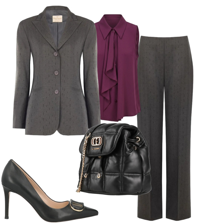 Outfit donna - Rinascimento. Stile Chic per Tutti i giorni. Abbinamento con décolleté, valigie, pantaloni, top, blazer.