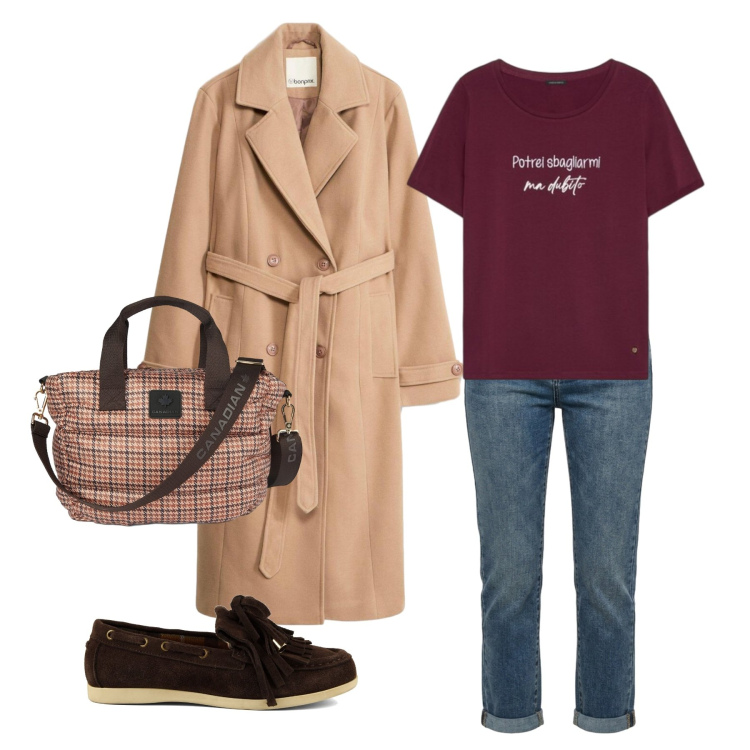 Outfit donna - Total look #2483421. Stile Casual per Tutti i giorni. Abbinamento con t-shirt, borse tote, jeans dritti, mocassini, trench.