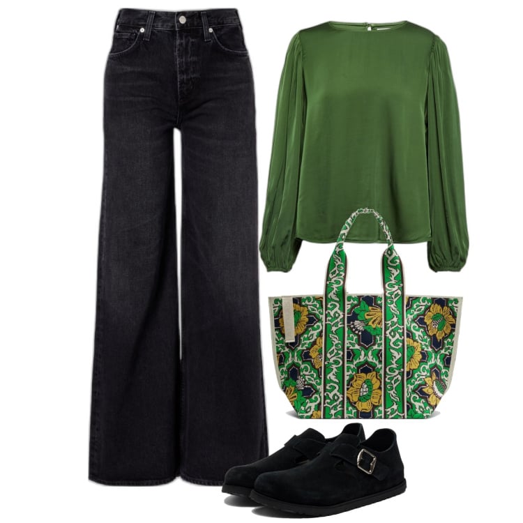 Outfit femme - Octobre vert. Style Boho pour Tous les jours. Assortir avec hauts, ballerines, jeans mom, sac cabas.
