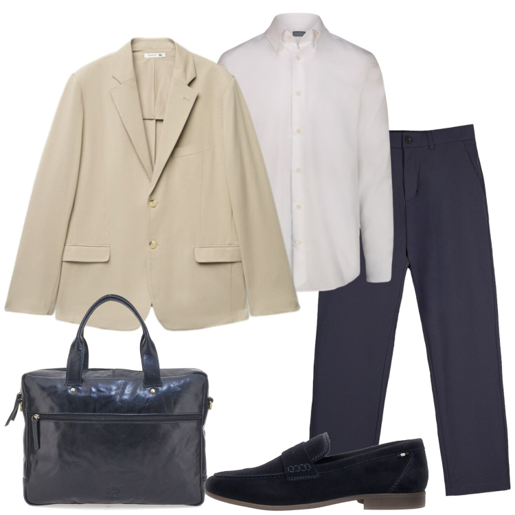 Outfit uomo - Il blazer sabbia per la mattina. Stile Business/Elegante per Ufficio. Abbinamento con camicie, pantaloni chino, giacche, borse sportive, scarpe stringate.