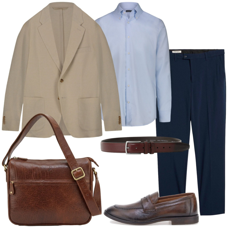 Outfit uomo - Blazer e chino. Stile Business/Elegante per Ufficio. Abbinamento con pantaloni, cinture, giacche, camicie, scarpe stringate, borse sportive.
