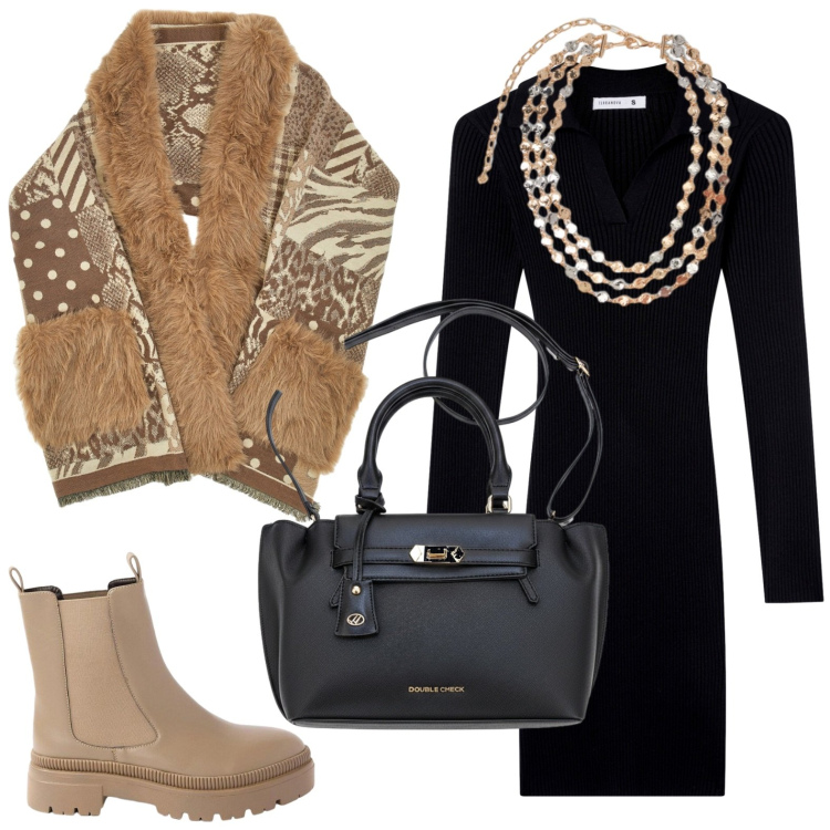 Outfit donna - Mantella avvolgente. Stile Casual per Tutti i giorni. Abbinamento con collane, vestiti a tubino, cappe, stivaletti, borse a mano.