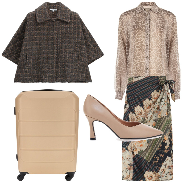 Outfit donna - Fantasie da viaggio. Stile Casual per Tutti i giorni. Abbinamento con gonne longuette, cappotti, camicie, décolleté, valigie.