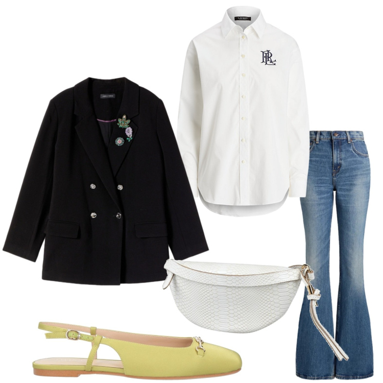 Outfit donna - Vestibilità comoda. Stile Glamour per Tutti i giorni. Abbinamento con blazer, camicie, jeans, ballerine, marsupi.