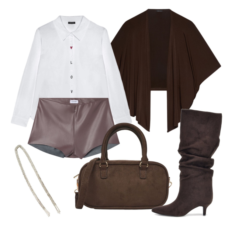 Outfit donna - Ottobre. Stile Casual chic per Tutti i giorni. Abbinamento con shorts, borse a tracolla, camicie, blazer, collane, stivali sopra il ginocchio.