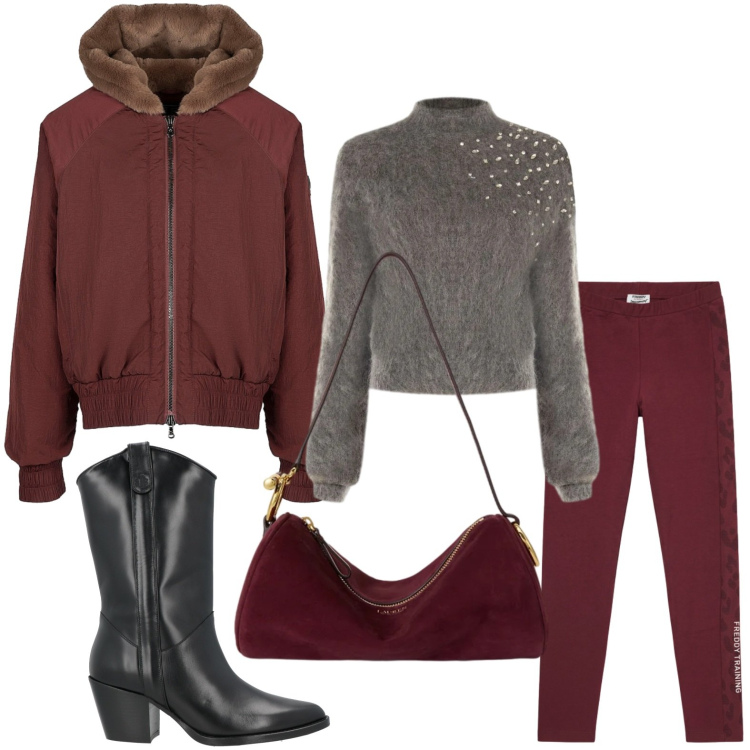 Outfit donna - Bomber da città. Stile Casual per Tutti i giorni. Abbinamento con leggings, borse a spalla, maglieria, bomber, stivaletti texani.