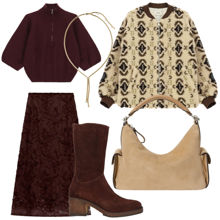 Outfit donna - Tocco originale. Stile Glamour per Tutti i giorni. Abbinamento con gonne longuette, collane, borse a spalla, bomber, maglieria, stivali.