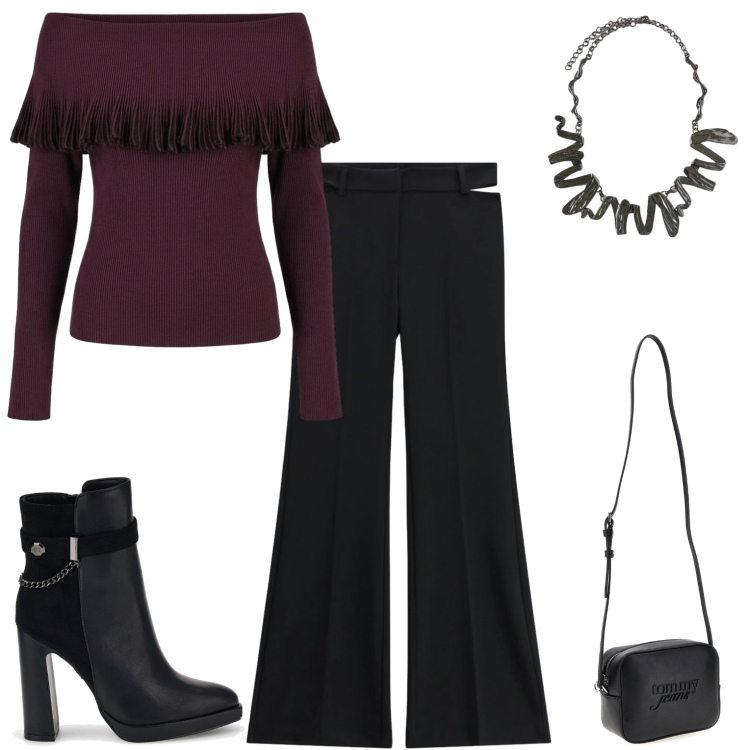 Outfit donna - Serata fuori. Stile Casual per Serata fuori. Abbinamento con maglieria, pantaloni, ciondoli, borse a tracolla, stivaletti.