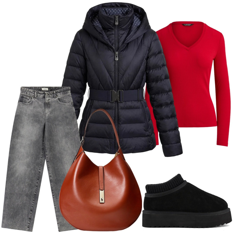 Outfit donna - Capospalla contemporaneo. Stile Casual per Tutti i giorni. Abbinamento con piumini, maglieria, borse a spalla, jeans, sabot.