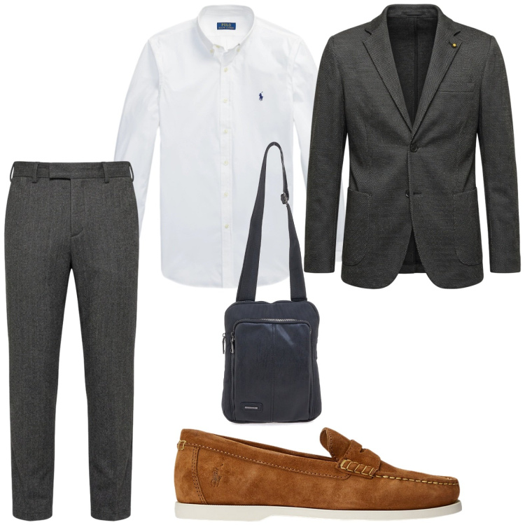 Outfit uomo - Smart casual in ufficio. Stile Trendy per Tutti i giorni. Abbinamento con pantaloni, giacche, scarpe stringate, camicie, portafogli.