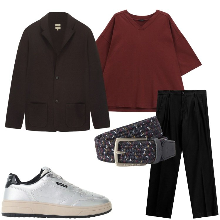 Outfit uomo - Aperitivo informale. Stile Urban per Tutti i giorni. Abbinamento con cinture, t-shirt, pantaloni, sneakers, cardigans.