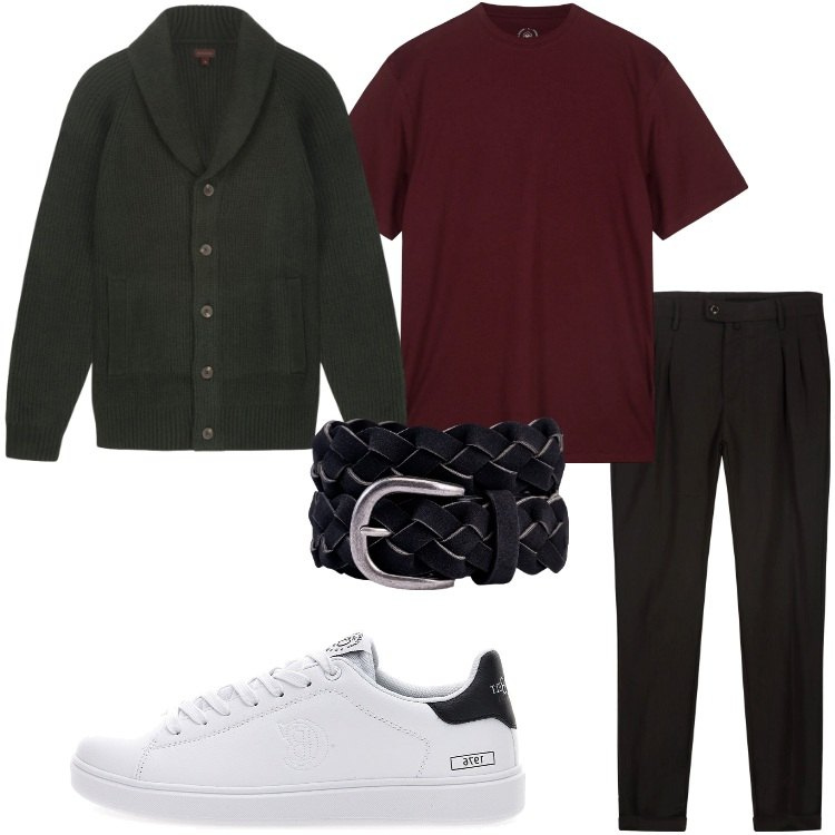 Outfit uomo - Aperitivo informale. Stile Urban per Tutti i giorni. Abbinamento con pantaloni, t-shirt, cardigans, cinture, sneakers.