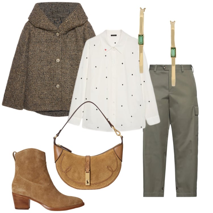 Outfit donna - Total look #2483540. Stile Minimal per Ufficio. Abbinamento con blazer, camicie, orecchini, stivaletti, borse a spalla, pantaloni cargo.