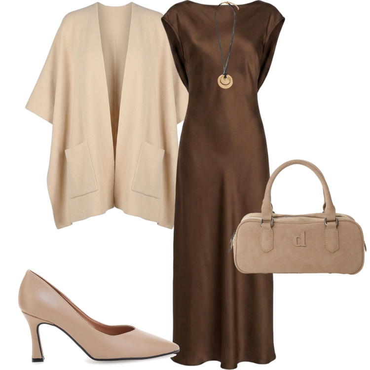 Outfit donna - Marrone e panna. Stile Casual chic per Serata fuori. Abbinamento con ciondoli, borse a mano, vestiti lunghi, cappe, décolleté.