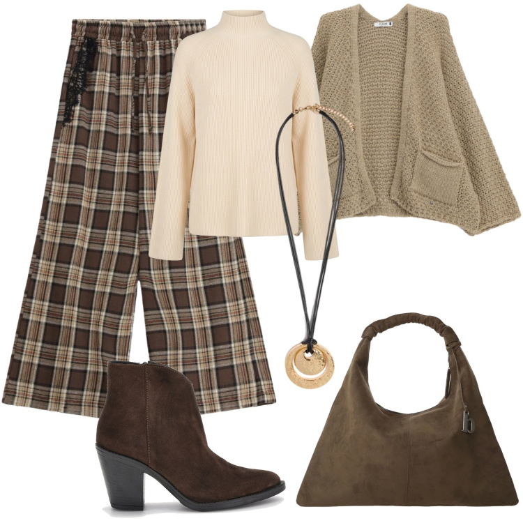 Outfit donna - Ottobre. Stile Urban per Tutti i giorni. Abbinamento con ciondoli, pantaloni a palazzo, cardigans, borse a spalla, maglieria, stivaletti.