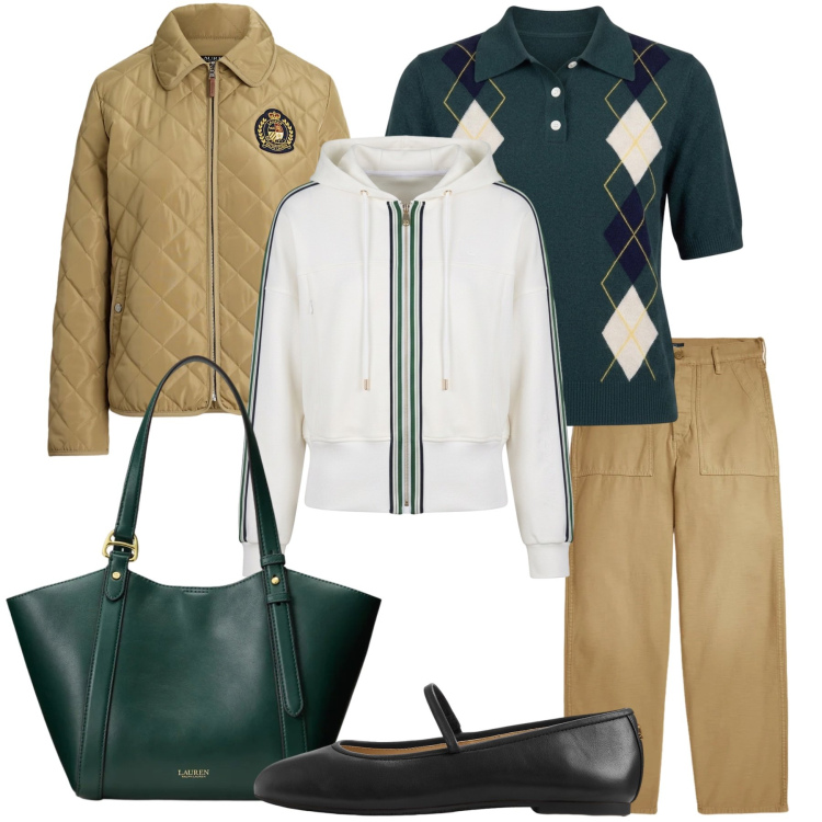 Outfit donna - Preppy all\'università. Stile Preppy per Scuola/Università. Abbinamento con maglieria, felpe sportive, giacche, pantaloni, ballerine, borse tote.