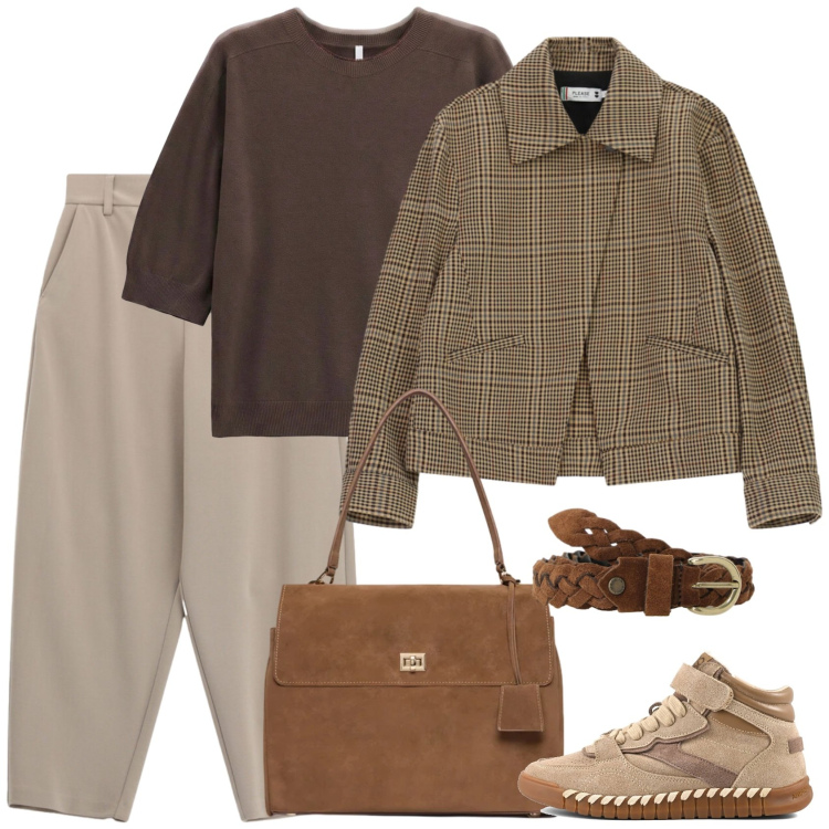 Outfit donna - Cappuccino. Stile Casual per Scuola/Università. Abbinamento con maglieria, borse a mano, cappotti, pantaloni, cinture, sneakers.