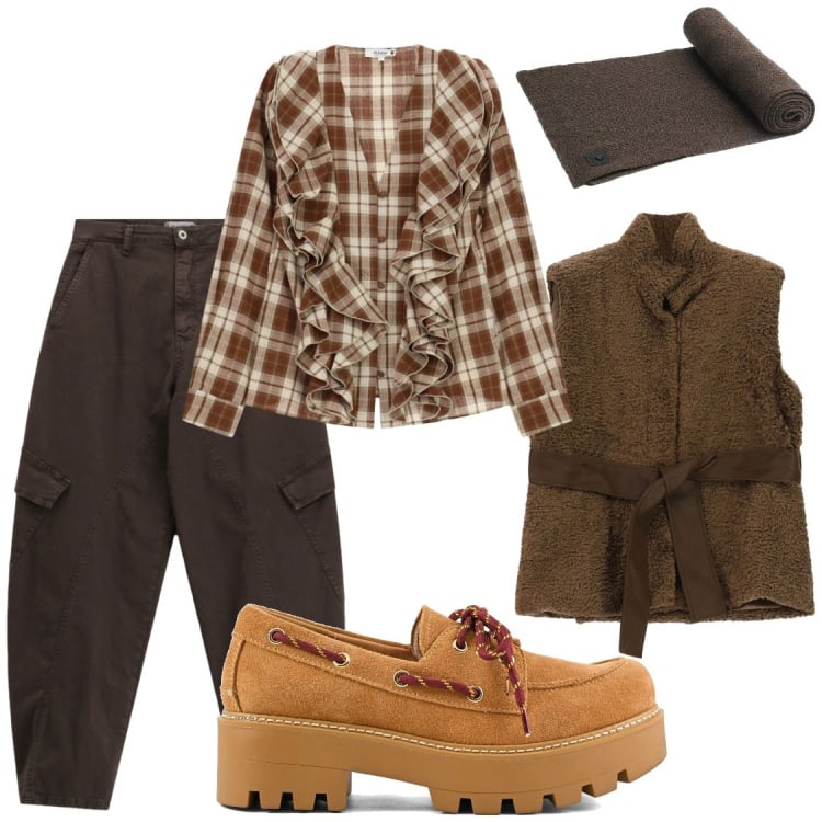 Outfit donna - Sprint con i calori caldi. Stile Casual chic per Tutti i giorni. Abbinamento con camicie, pantaloni cargo, piumini, sciarpe, mocassini.
