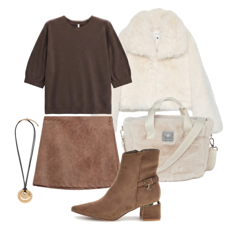Outfit donna - Ottobre. Stile Trendy per Tutti i giorni. Abbinamento con maglieria, ciondoli, minigonne, borse tote, blazer, stivaletti.
